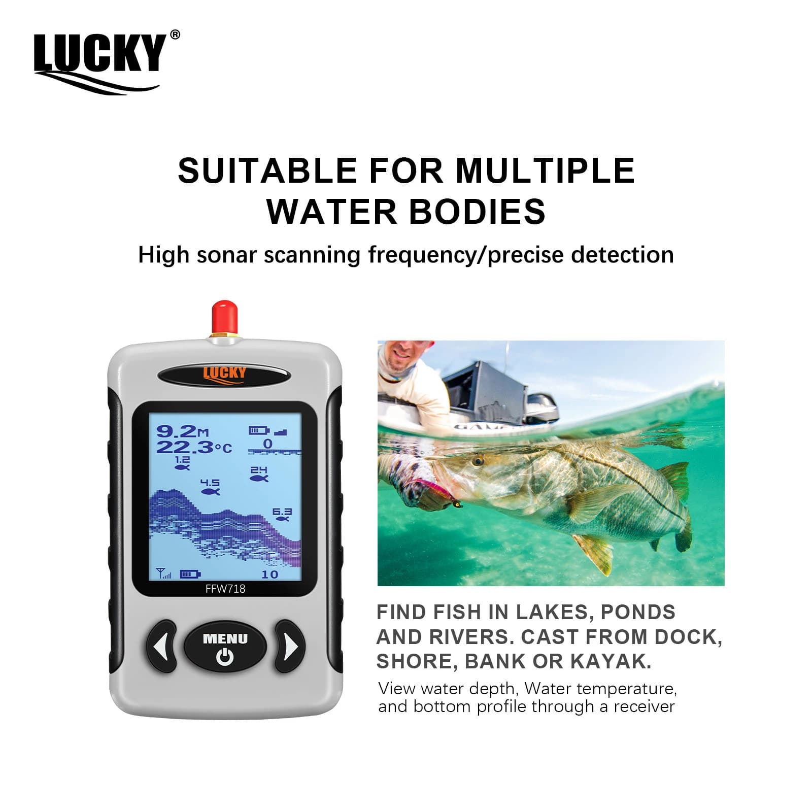 Sondeur de poissons portable sans fil Russian Menu échosondeur capteur 45m détection fond rivière lac mer