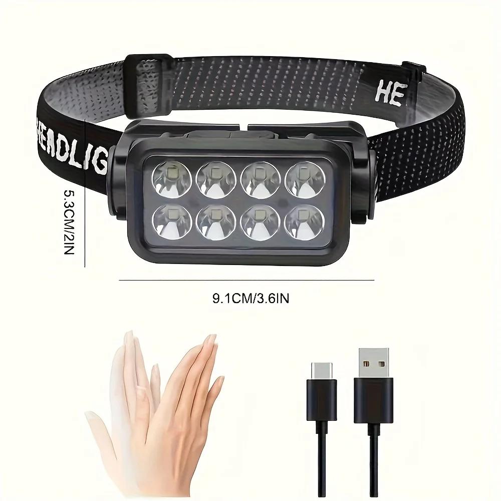 Lampe frontale rechargeable détecteur de mouvement pour pêche nocturne, 8 LEDs ultra-légère et puissante