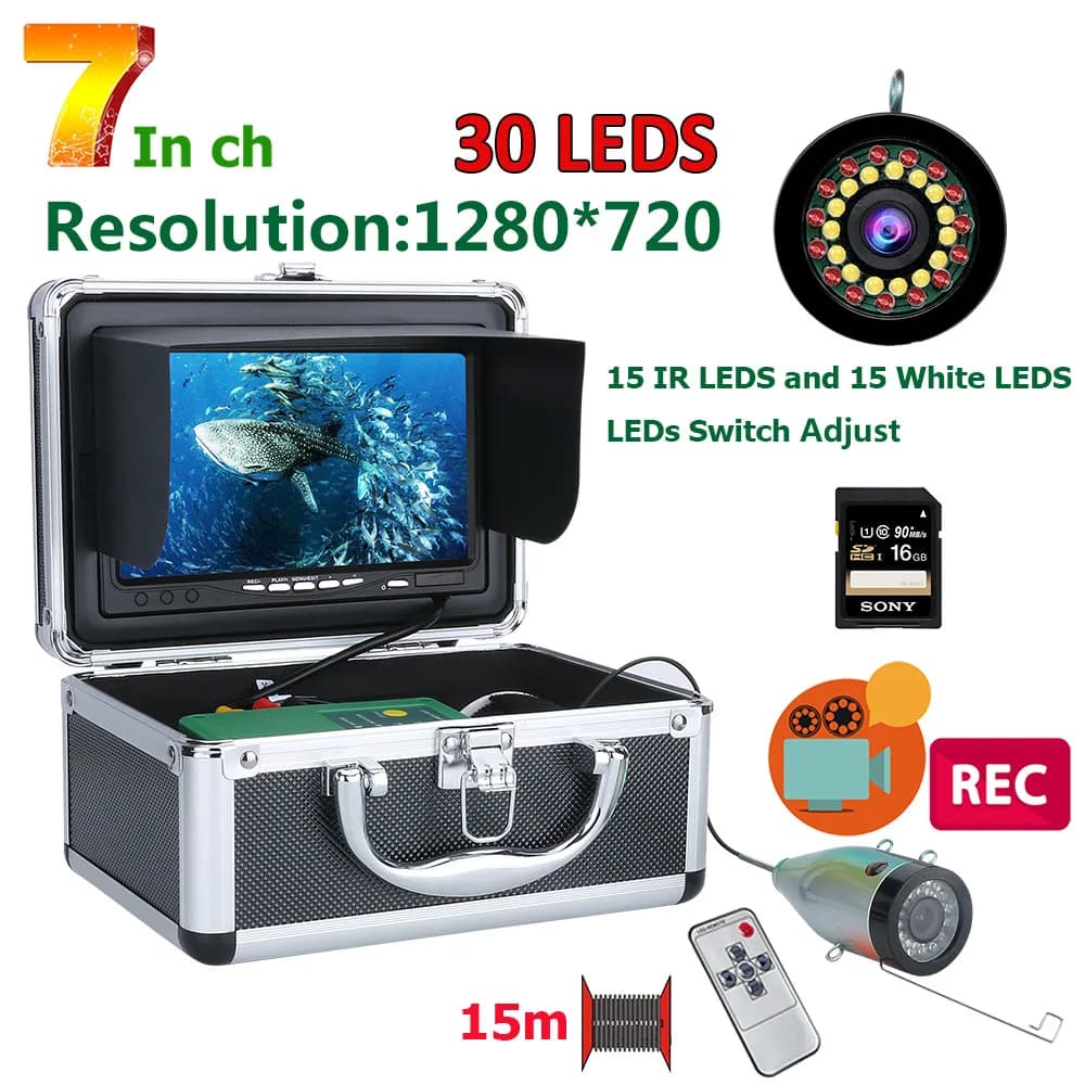 Détecteur de poissons hiver avec caméra sous-marine 7 pouces HD - Écran 1280x720 carte 16G pour pêche mer/glace/bateau