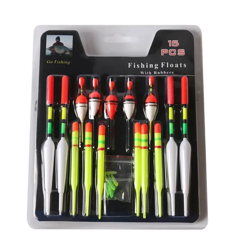 Set 15 flotteurs de pêche verticaux avec élastiques tailles et couleurs variées pour matériel de pêche