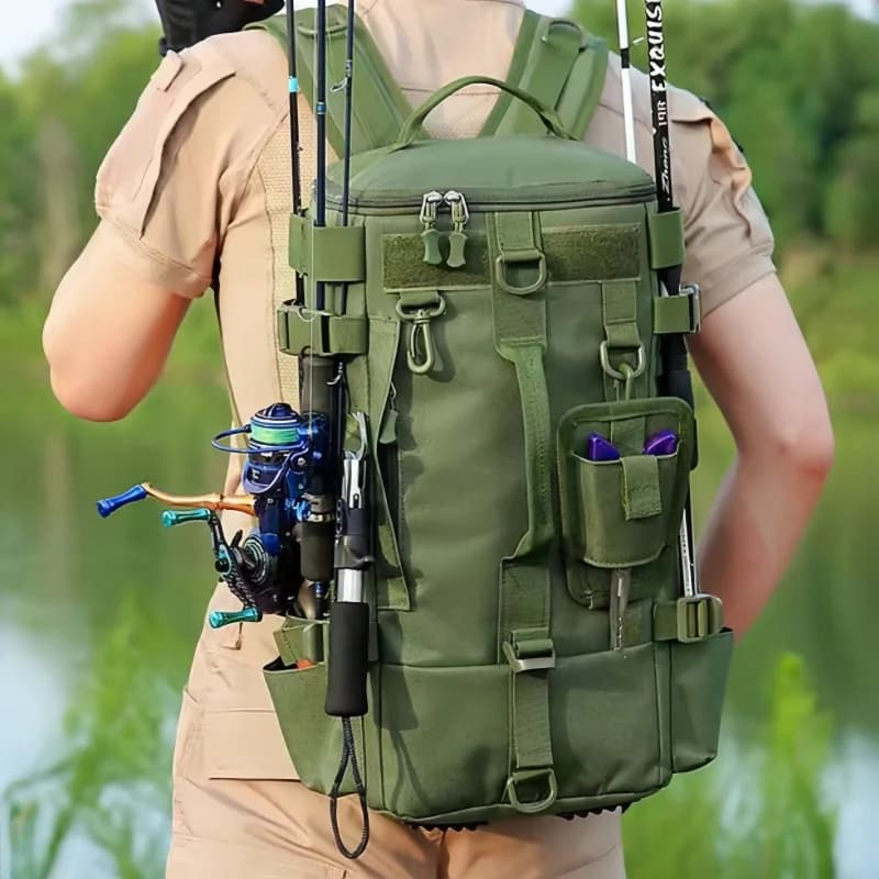 Sac à dos pêche multifonction étanche avec porte-cannes pour randonnée et camping - design durable