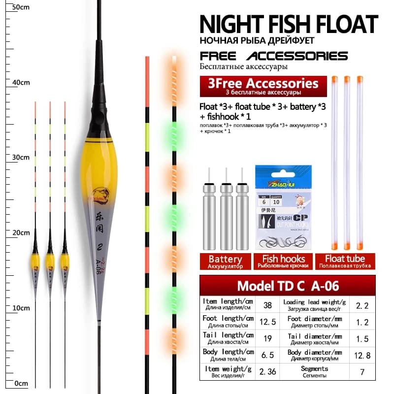 3 flotteurs de pêche électriques lumineux nuit nano + hameçons et tubes pour pêche en eau douce carpe