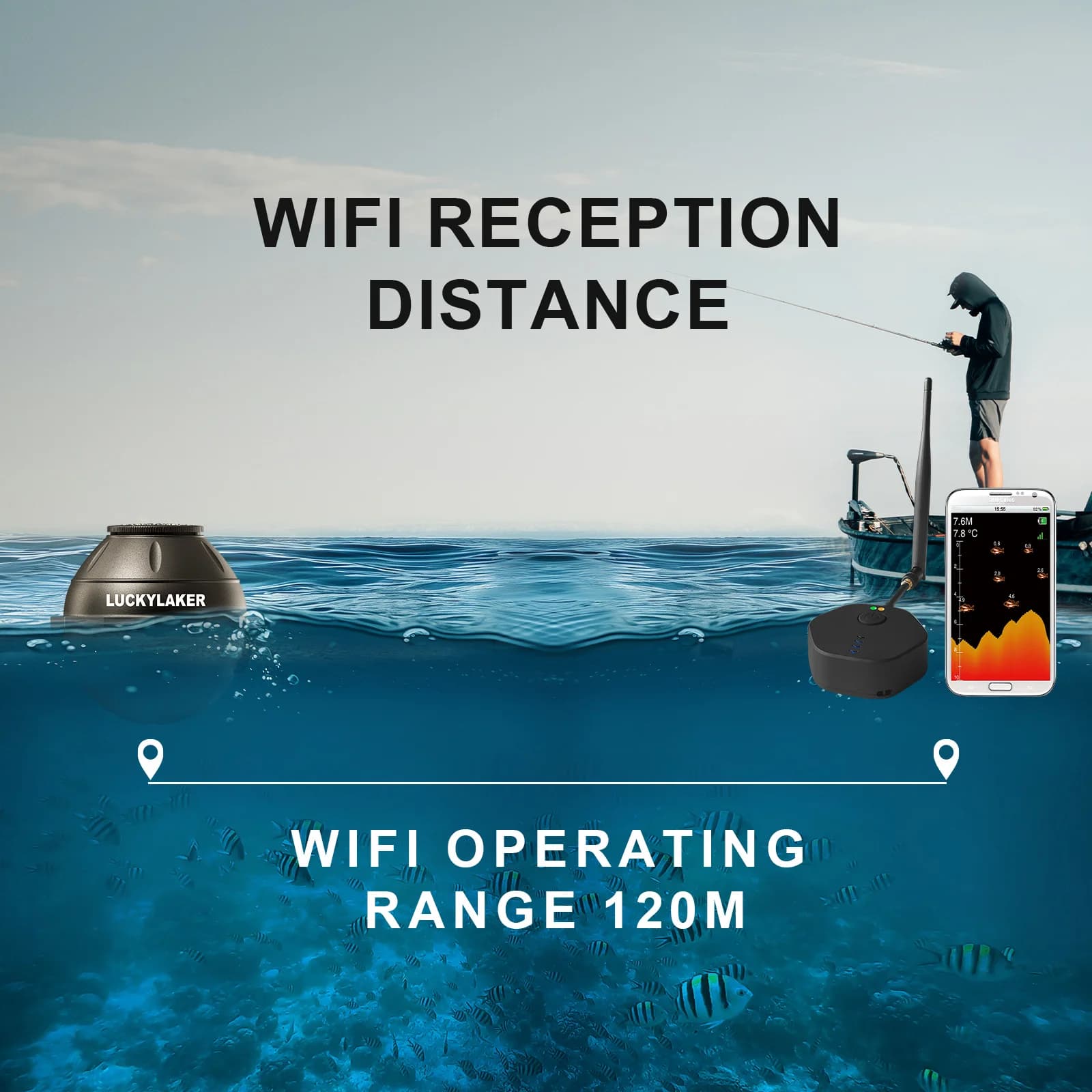 Fish Finder WiFi LUCKY FF916 120m portée 45m profondeur compatible iOS Android sans fil