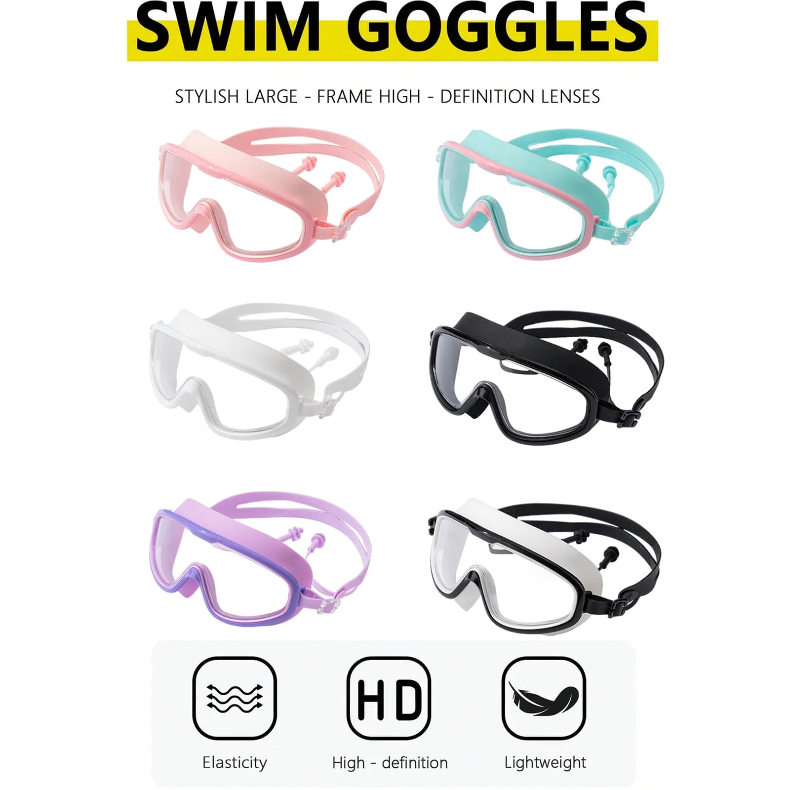 Lunettes de natation fashion grand champ vision - Monture large silicone étanche anti-UV pour plongée