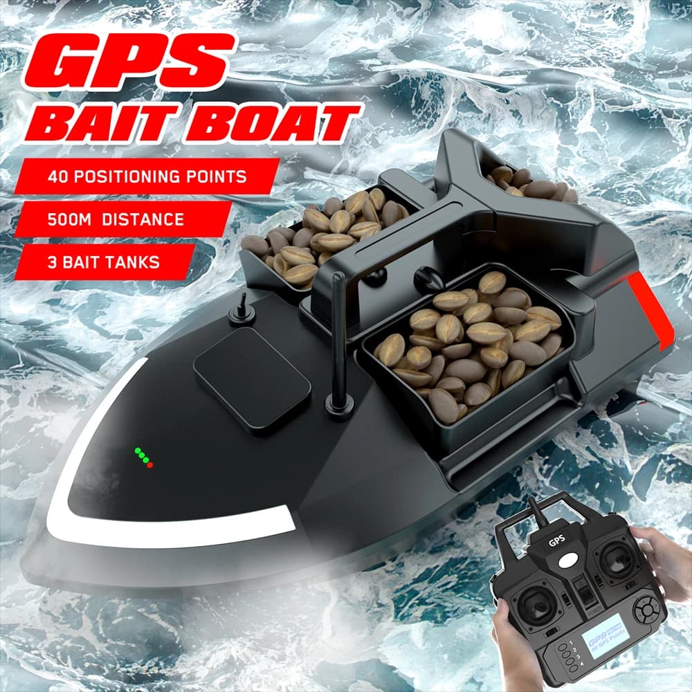 Bateau appât télécommandé GPS V020 500m avec sondeur poissons, double moteur et fonctions automatiques