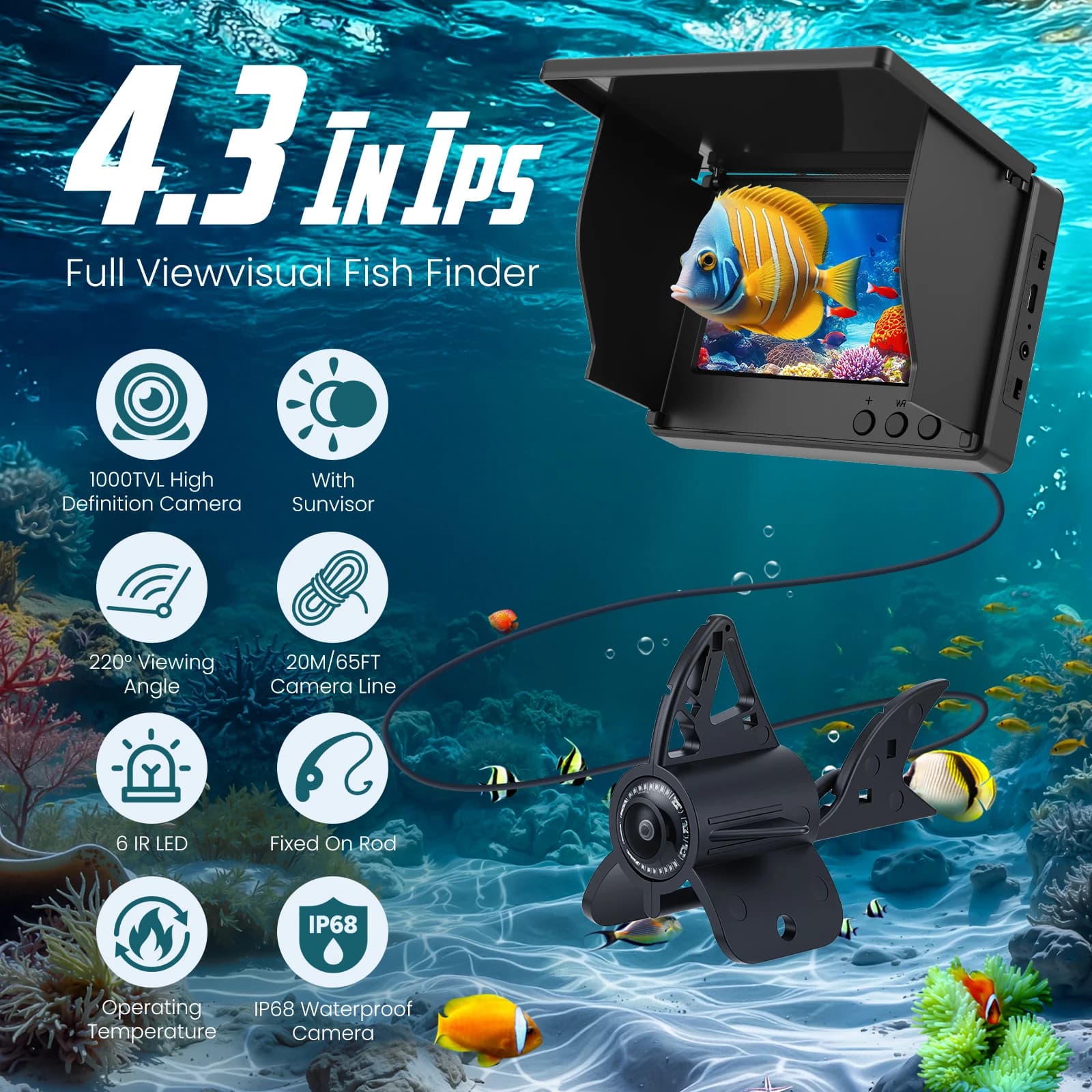 Caméra sous-marine pêche 1080P HD 4.3 pouces avec vision nocturne et batterie 8000mAh - Fish Finder