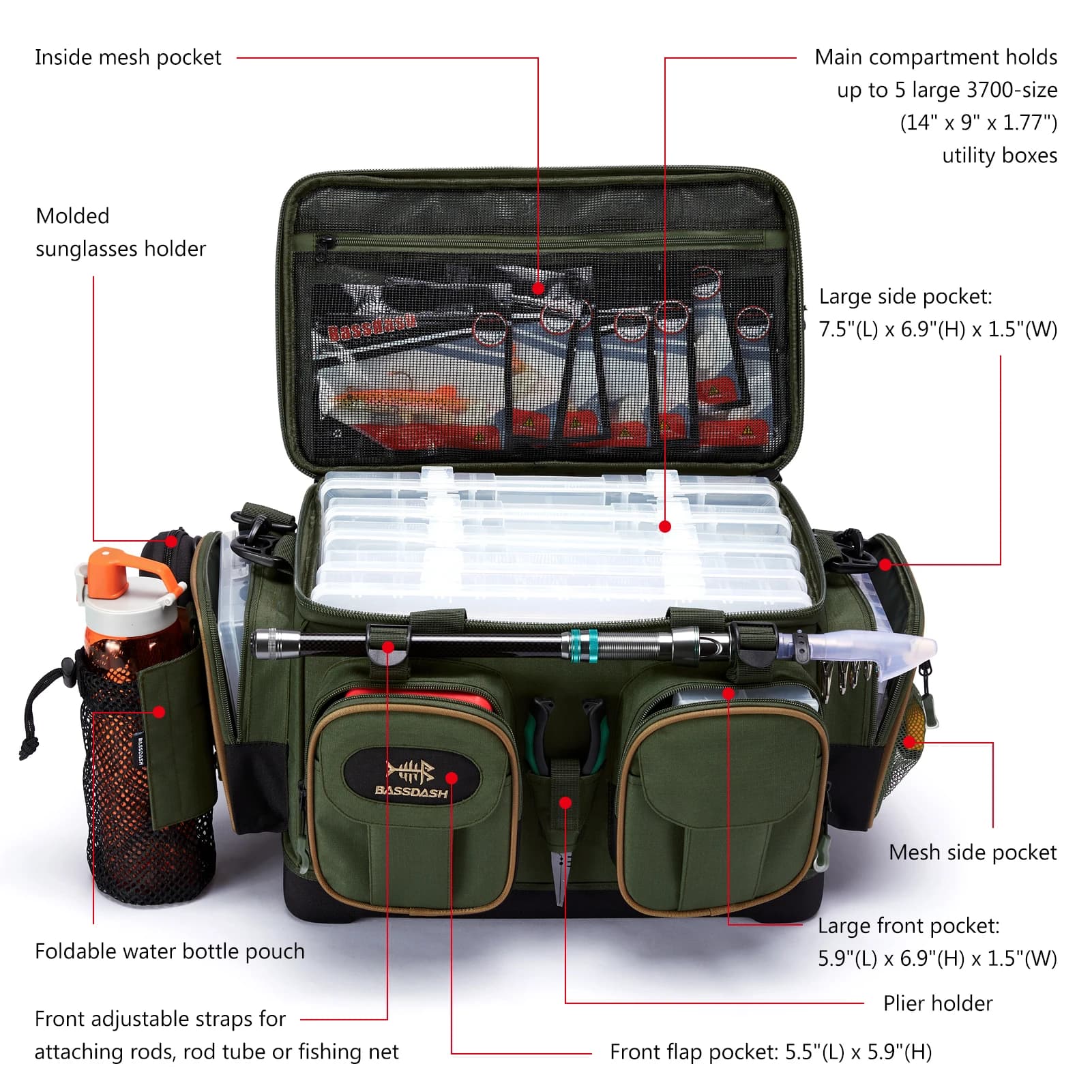 Sac à bandoulière BASSDASH résistant à l'eau léger - Pack rangement matériel pêche avec fond moulé dur et couvre-pluie