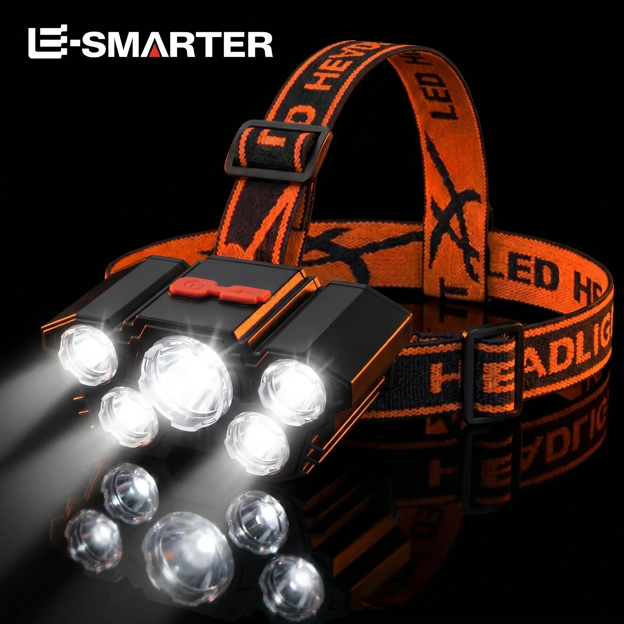 Lampe frontale 5 LED rechargeable pêche camping cyclisme lumière puissante longue autonomie