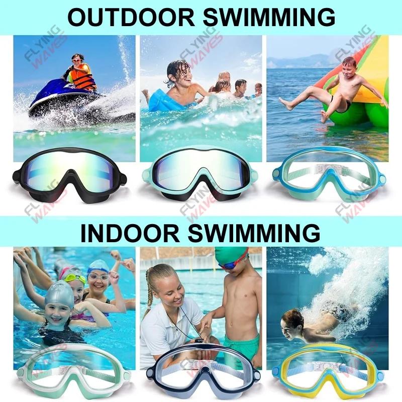 Lunettes de natation grand cadre vision large étanches anti-buée UV enfants 3-15 ans