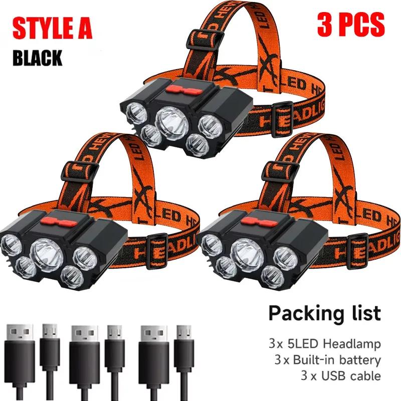 Lampe frontale USB rechargeable 5 LED super lumineuse pour pêche nocturne et camping