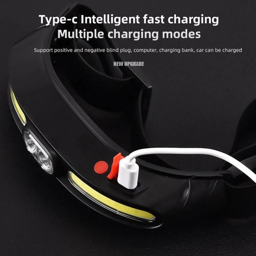 Lampe frontale rechargeable USB-C 350 lumens lumière douce COB+LED pour pêche nocturne et camping