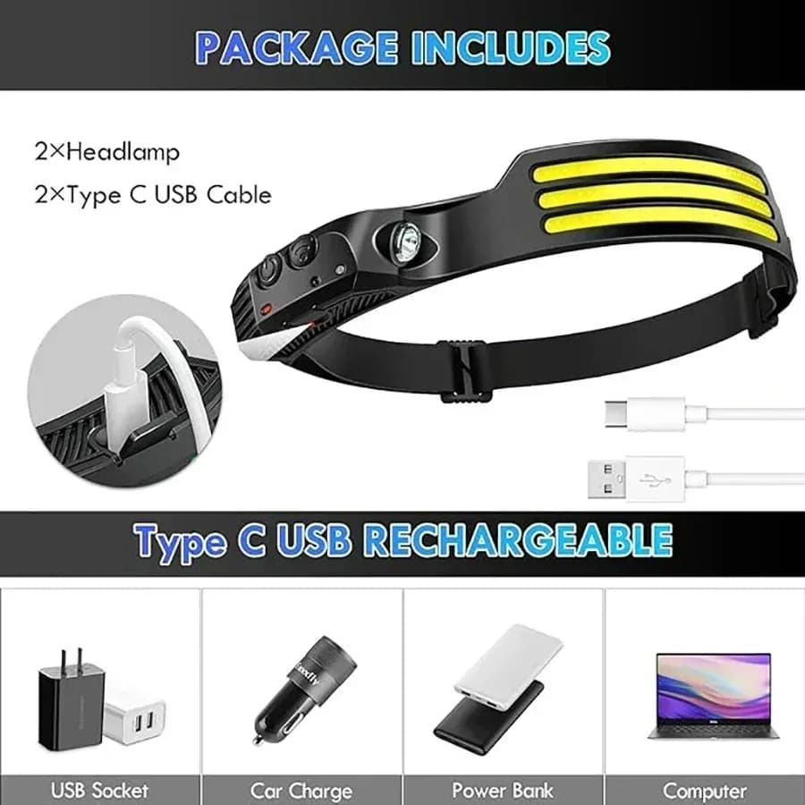 Frontale COB LED puissante rechargeable USB avec batterie intégrée pour pêche nocturne et randonnée