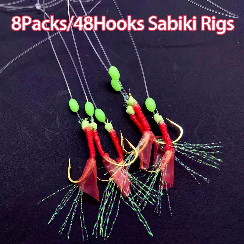 8 packs de montages sabiki taille 4-18 avec perles lumineuses pour pêche nocturne au maquereau