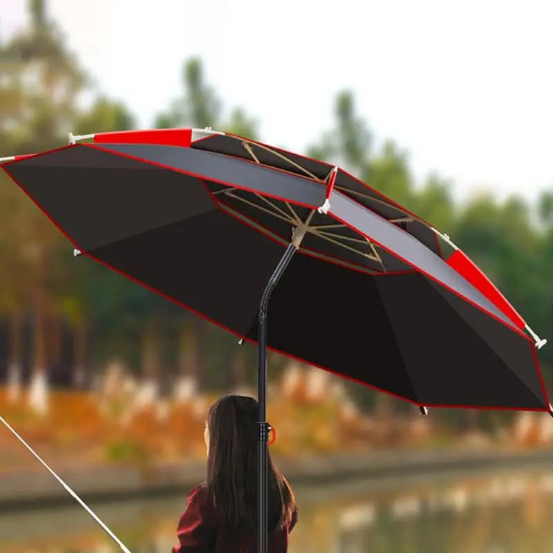 Parapluie pêche robuste double toit rond déporté grand format ombre soleil terrasse pêche ronde