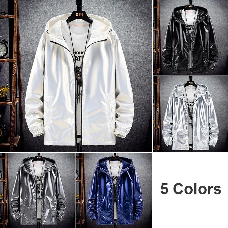 Veste bomber argentée brillante homme waterproof - Veste légère automne Harajuku coupe-vent à capuche