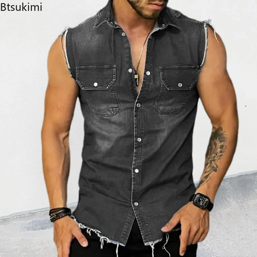 Veste sans manches en jean décontractée pour homme été 2026, décolleté et poche poitrine, style hip hop