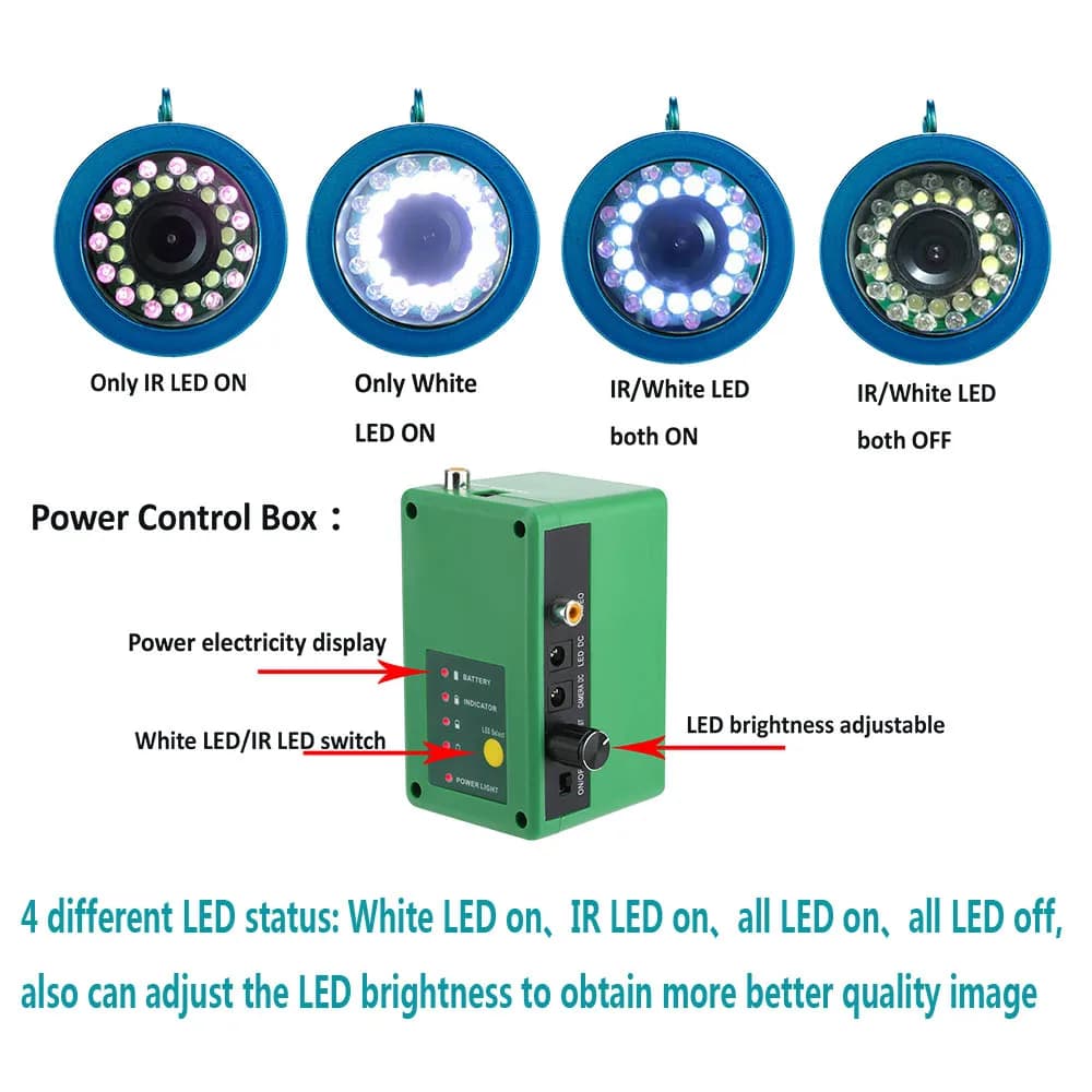 Caméra pêche 9 pouces avec enregistreur DVR 1000TVL 30 LEDs (15 blanches + 15 IR) pour recherche poissons mer rivière glace