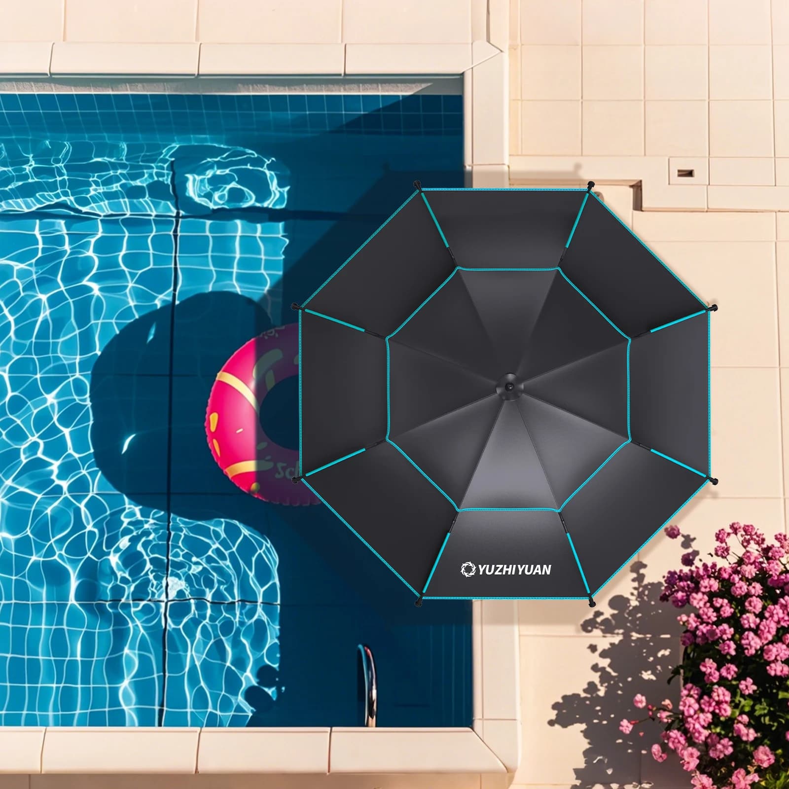 Parapluie de pêche UPF50+ noir colle - Protection 360° ajustable portable avec sac de transport