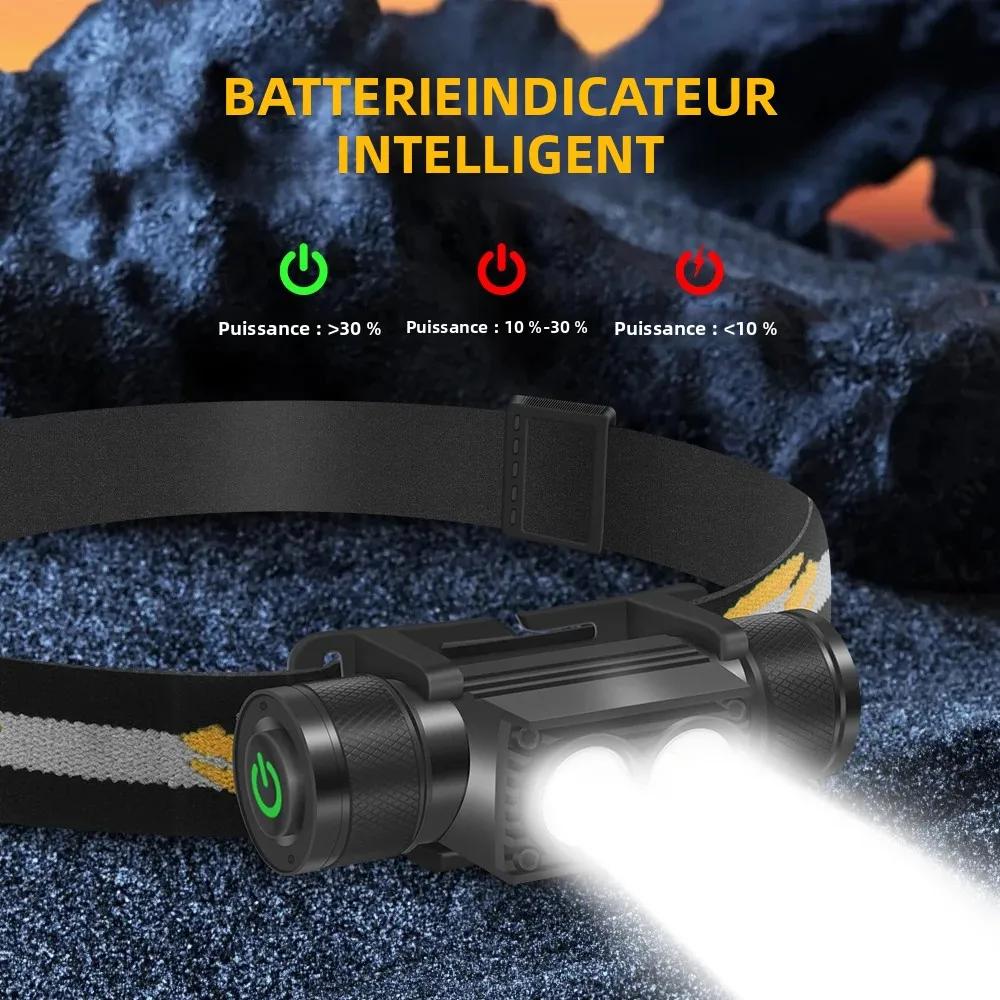 Lampe frontale BORUiT D25 2000LM étanche rechargeable Type-C pour pêche et camping nocturne