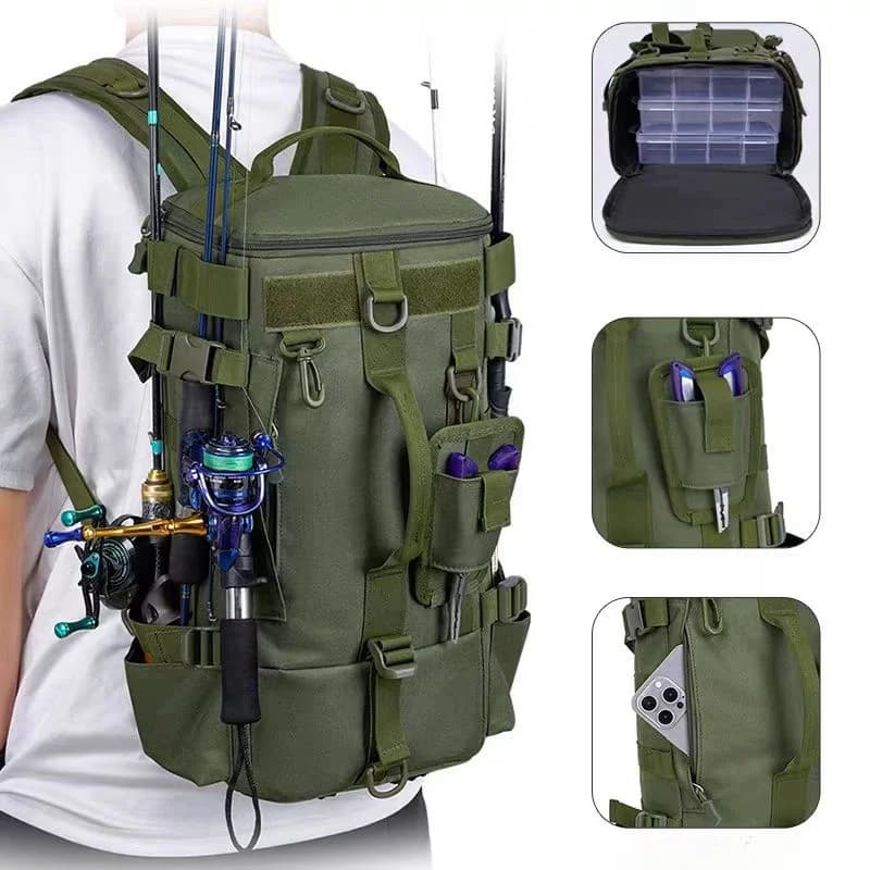 Sac à dos pêche multifonction étanche avec porte-cannes pour randonnée et camping - design durable