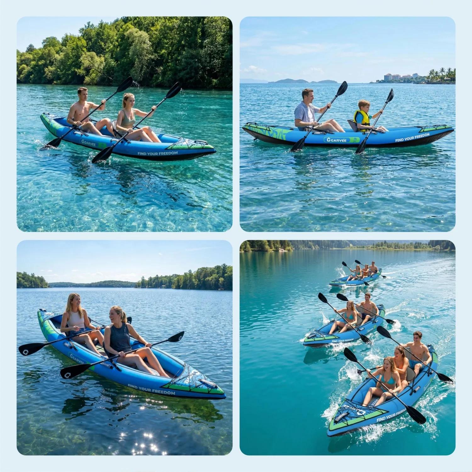 Kayak gonflable 2 places portable pêche et touring avec siège rembourré et kit réparation