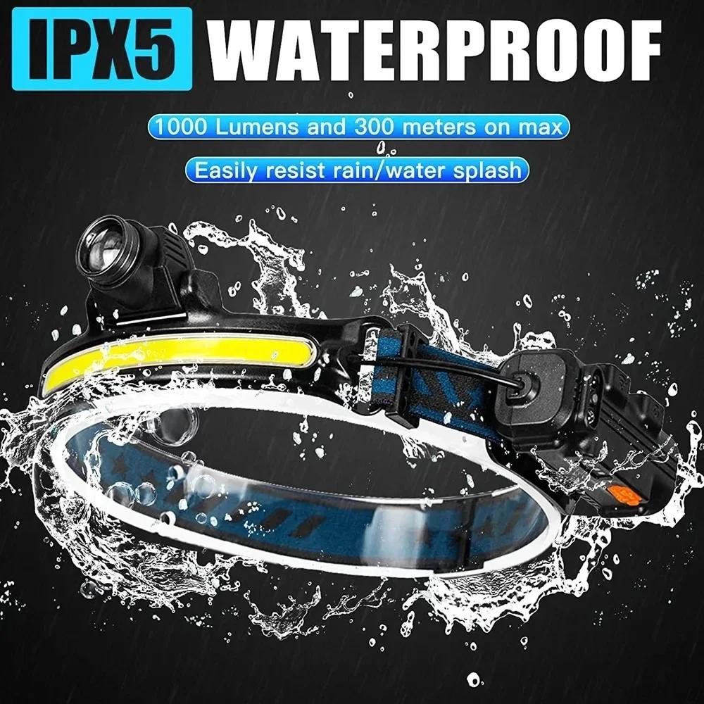 Lampe frontale induction XPG+COB rechargeable USB 6 modes - éclairage multifonction pour pêche