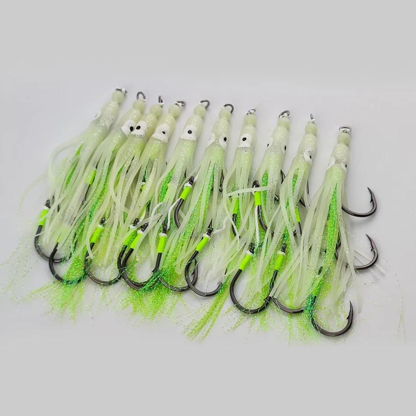 Leurres souples calmar 10pcs avec jupes silicone et hameçons auxiliaires pour pêche en mer