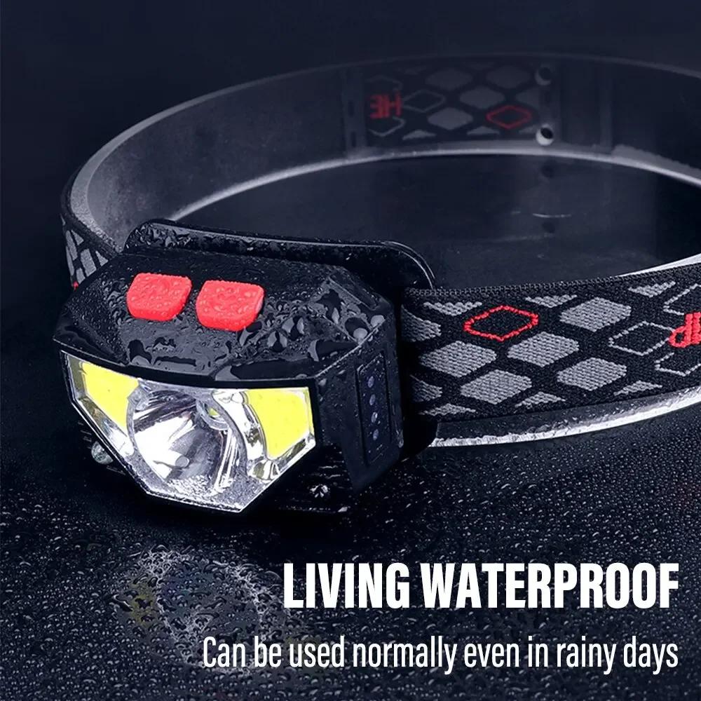 Lampe frontale rechargeable à capteur COB et LED 8 modes lumière blanche et rouge pour pêche