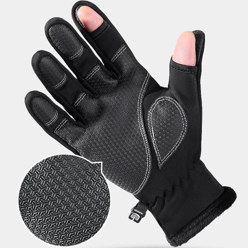 Gants de pêche hiver imperméables 2 doigts avec velours chaud pour hommes et femmes pêcheurs