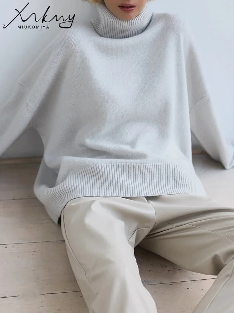 Pull col roulé femme gris foncé épais et chaud - Pullover d'hiver tricoté oversize