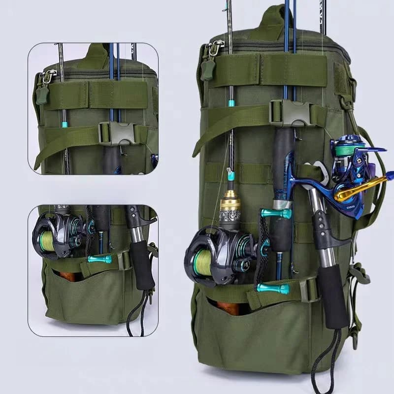 Sac à dos pêche multifonction étanche avec porte-cannes pour randonnée et camping - design durable