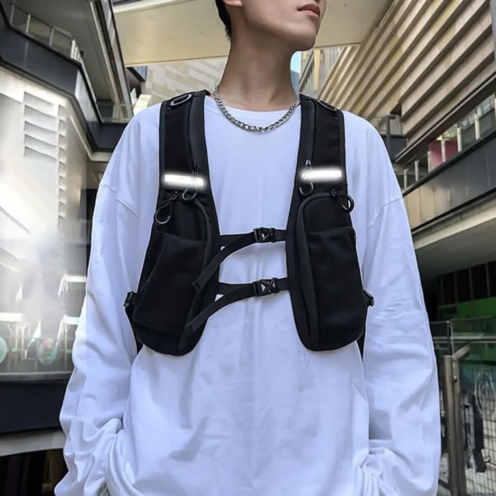 Sac poitrine fonctionnel grande capacité pour pêche avec bandes réfléchissantes veste porte-accessoires sport