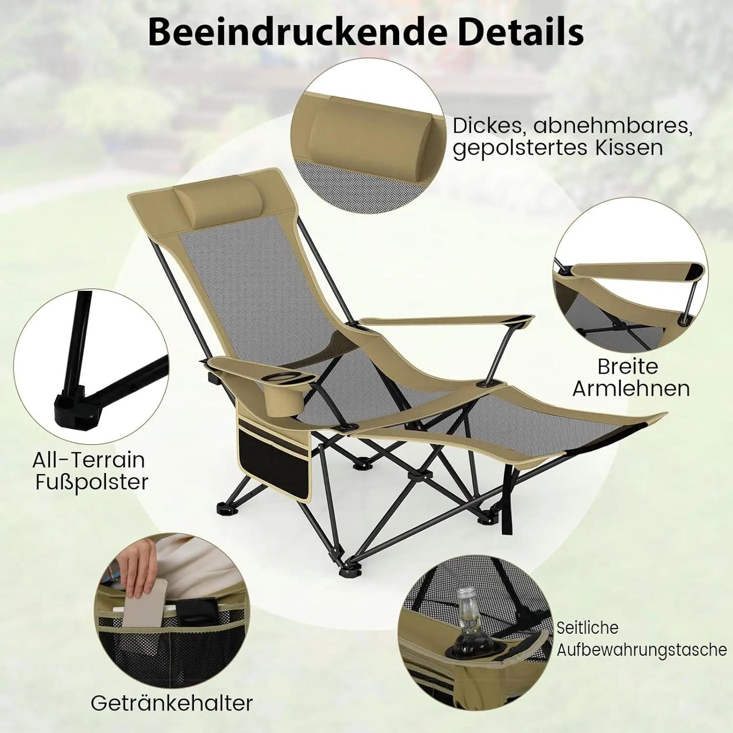 Chaise de pêche pliante avec repose-pieds amovible et dossier réglable couleur kaki