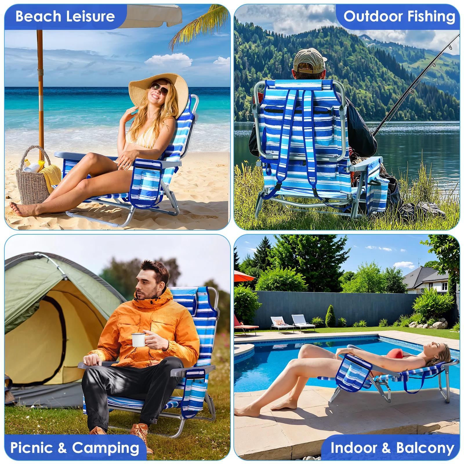 Fauteuil plage pliant 5 positions aluminium léger pêche sable bas porte-gobelet