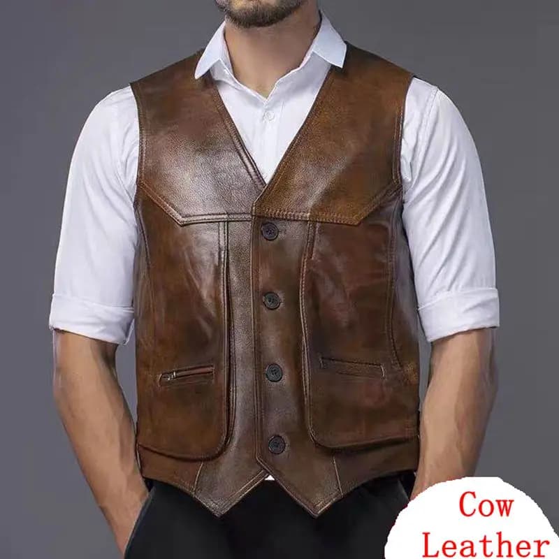 Gilet motard homme en cuir de vache véritable - Veste sans manches cuir véritable tailles L à 8XL