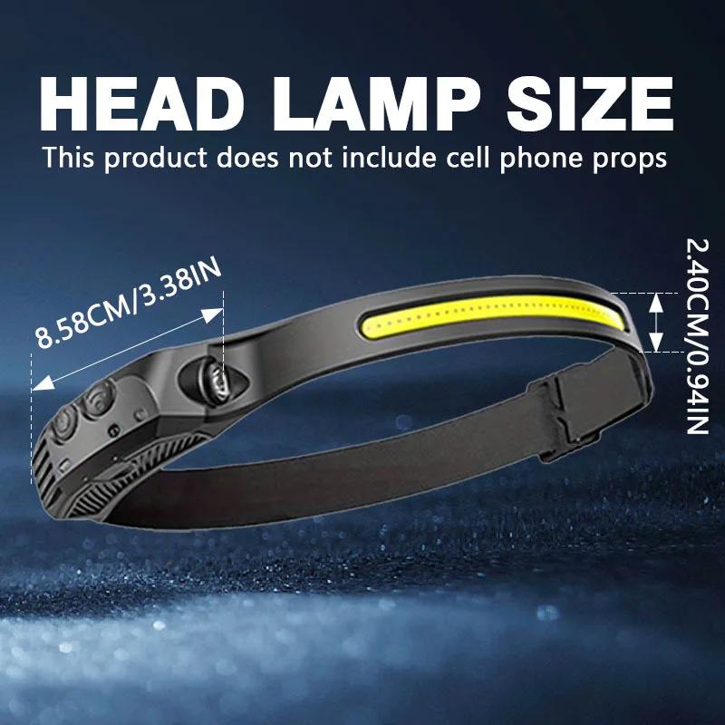 Lampe frontale pêche COB LED 5 modes capteur main rechargeable USB pour travail camping et pêche