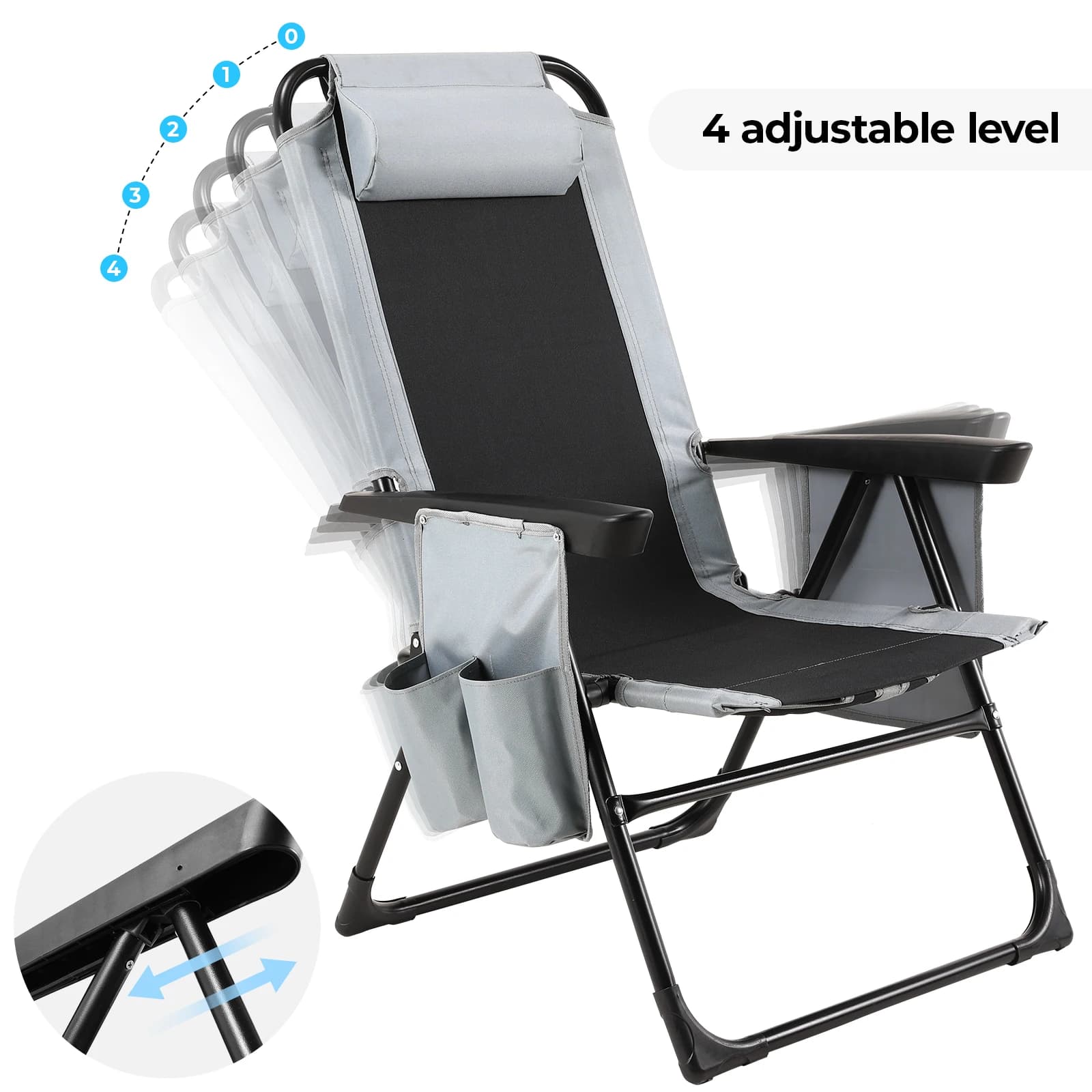 Chaise pliante dossier et accoudoirs réglables - Siège camping gris oxford 140kg pour pêche