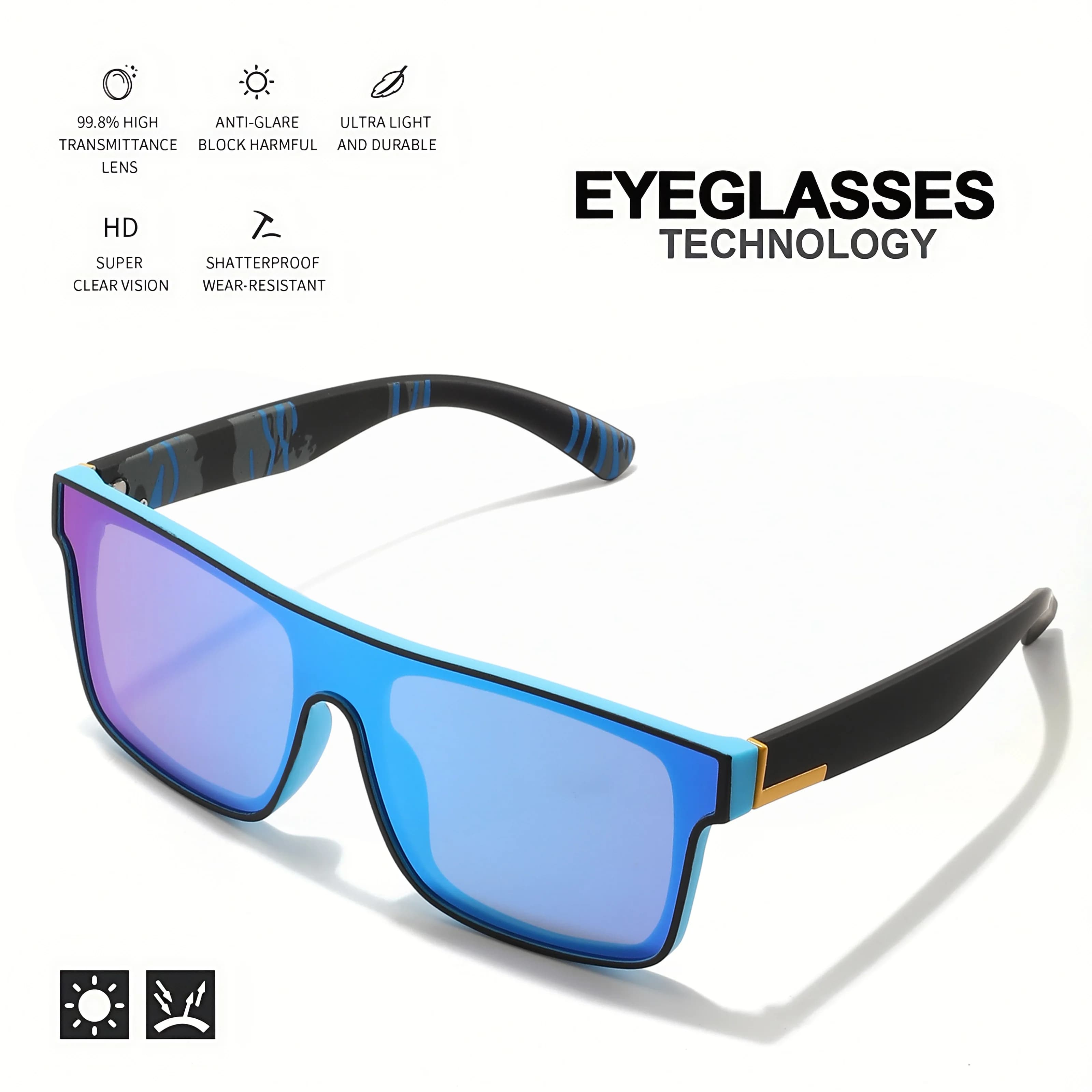 Lunettes carrées classiques fashion unisexe UV400 - Verre unique pour vélo, randonnée et voyage