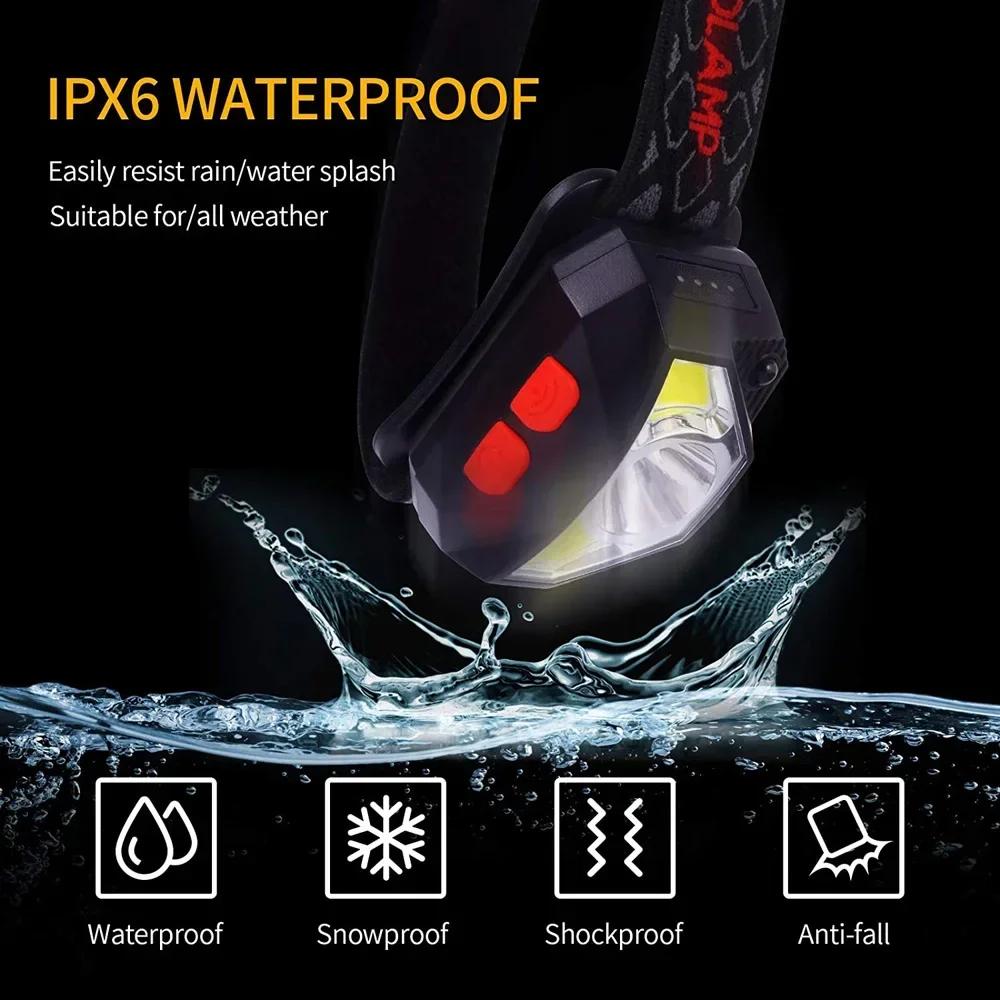 Lampe frontale pêche 6 modes XPE+COB rechargeable USB étanche pour running et camping nocturne