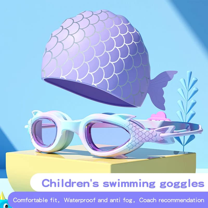 Lunettes de natation enfants poissons avec bonnet silicone garçons filles étanches anti-buée