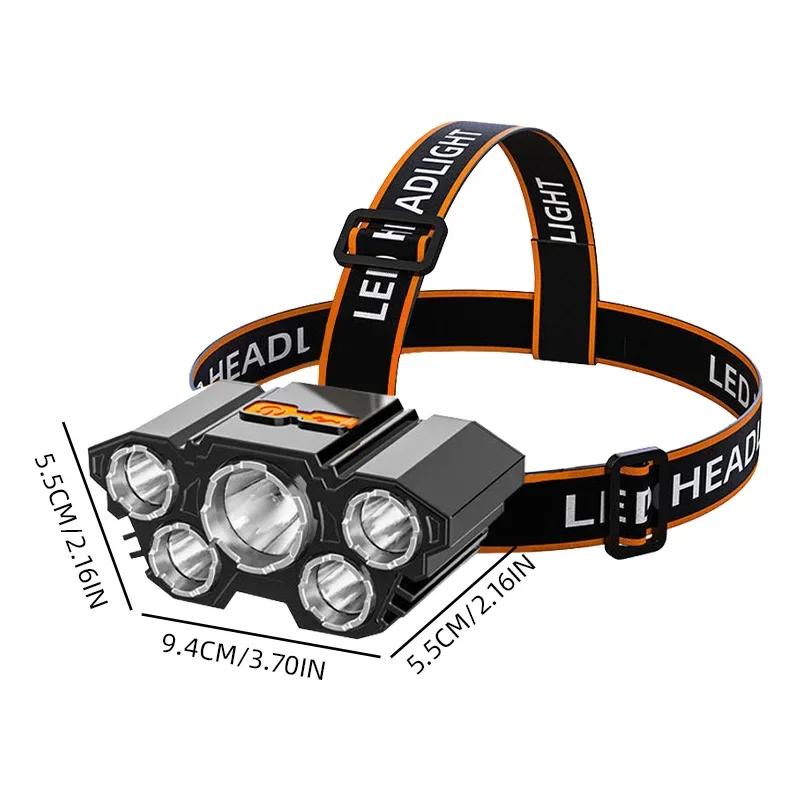 Lampe frontale rechargeable 5 LED pêche camping - Batterie intégrée lumière puissante étanche