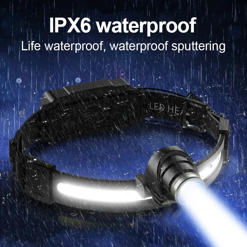 Lampe frontale pêche LED 7 modes XPE+COB avec capteur alimentation 18650 pour pêche et chasse