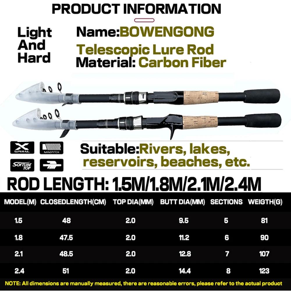 Canne à leurres télescopique carbone 1.5M à 2.4M manche bois casting 8g-25g pêche sportive précise