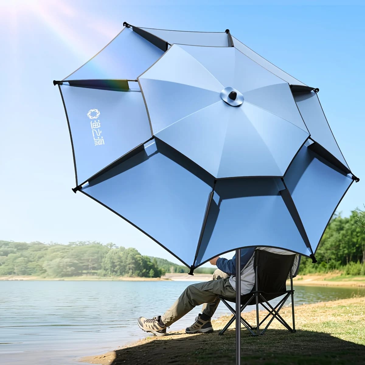 Parapluie pêche double couche 360° réglable noir tige à ressort portable équipement extérieur