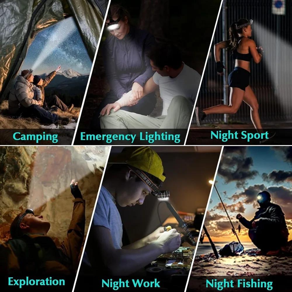 Lampe frontale LED haute luminosité rechargeable USB IPX4 étanche pêche camping lumière puissante 8 LEDs