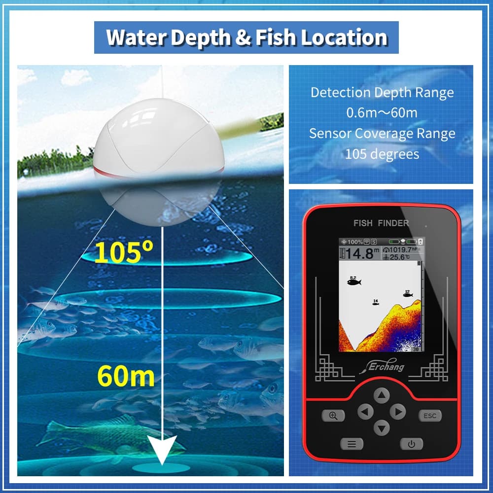 Sondeur sans fil Erchang F13 rechargeable 100m pour pêche lac rivière mer détection poissons