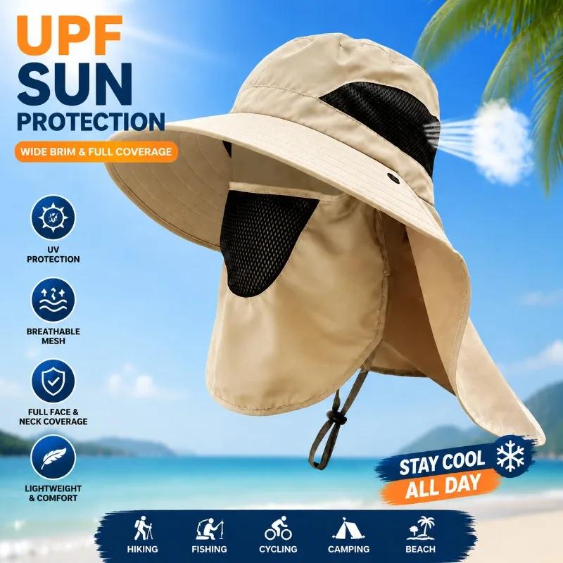 Chapeau pêcheur anti-vent séchage rapide avec rabat nuque - Protection UV pour activités outdoor