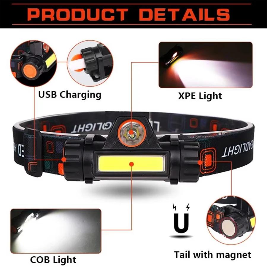 Lampe frontale pêche mini portable LED XPE+COB rechargeable USB magnétique queue étanche
