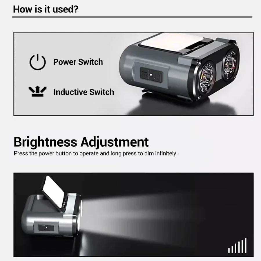 Lampe frontale hibou rotative rechargeable Type-C pour pêche, chasse et vélo avec éclairage LED puissant