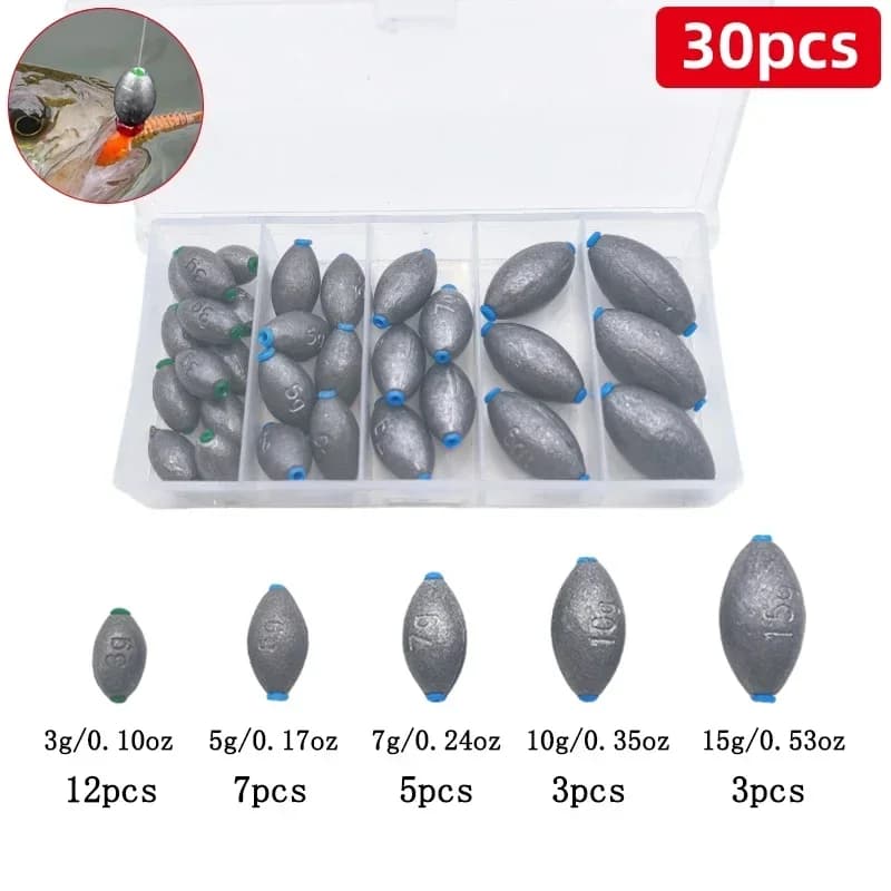 Set plombs oeuf 30/10 avec boîte rangement plombs ovales pour pêche eau douce et mer